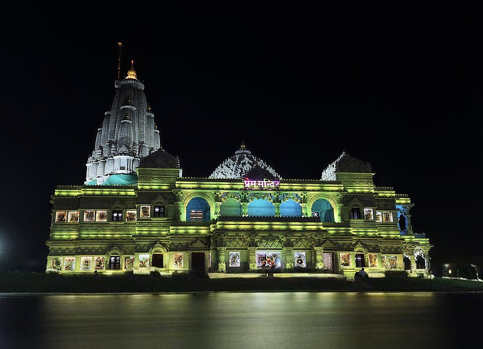 Prem Mandir lights up after sunset